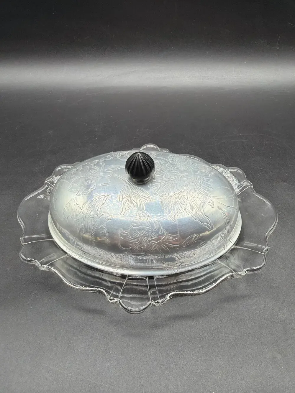 Vintage Clear Glass Butter Dish Embossed Aluminum Hibiscus Floral lid Bakelite